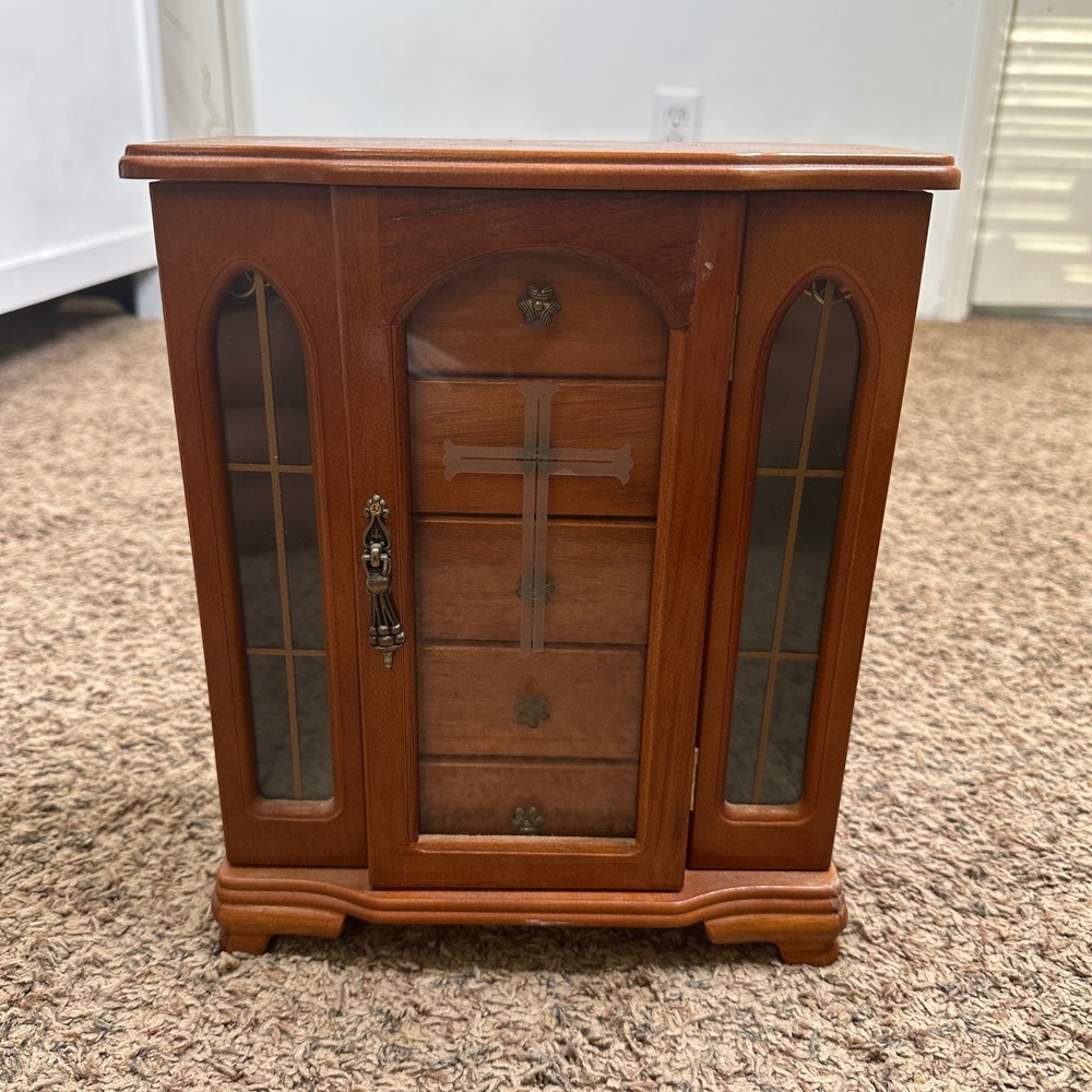Vintage Wooden Jewelry Armoire Chest Cross Etched Glass 5 Drawers Brown READ